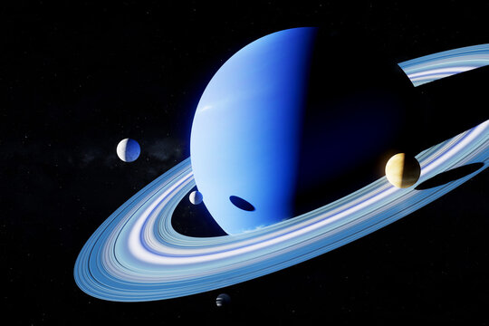3D blue gas planet with bright ring and orbiting moon