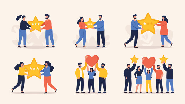 Collection of people holding giant golden stars and red hearts as symbols of customer feedback high rating and appreciation.