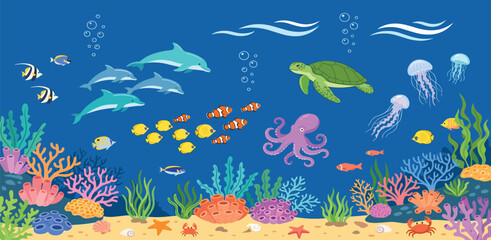 Underwater marine life background vector featuring dolphins, sea turtle, octopus, jellyfish, colorful tropical fish, and coral reef for nature education and ocean conservation designs. © MDRIFAT