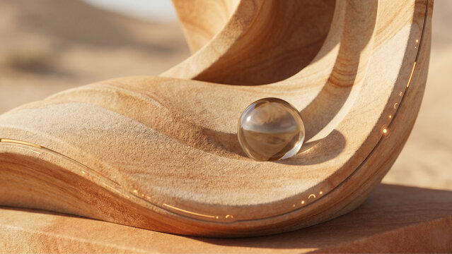 Abstract sandstone 3D surface with glass marble and subtle interface edges