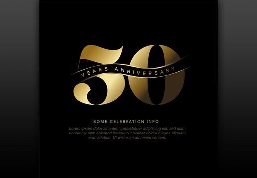 Elegant 50th (editable) Anniversary Card Template with Gold Ribbon on Black Background