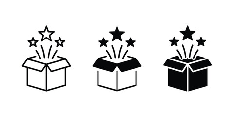 Naklejka premium Open gift box icon. Magic box vector icon set. Open box with stars line and solid icon set.