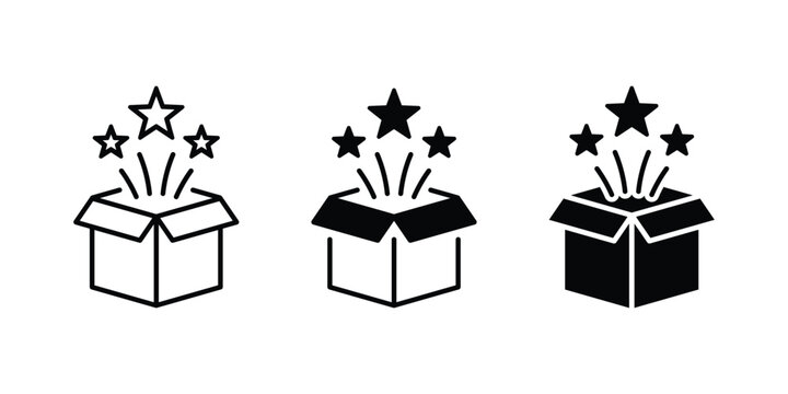 Open gift box icon. Magic box vector icon set. Open box with stars line and solid icon set.