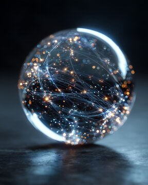 Glowing orb with network connections sits on dark surface with lights reflecting