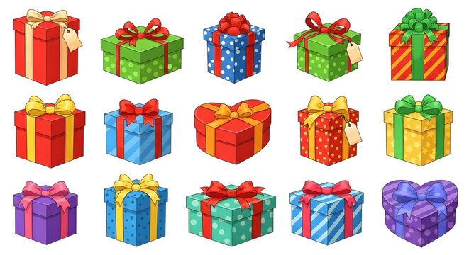 Collection of assorted festive gift boxes with ribbon and bows, perfect for any celebration or holiday occasion