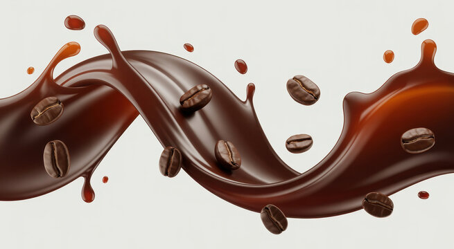 Dark coffee liquid swirl with floating roasted coffee beans isolated on a plain white background