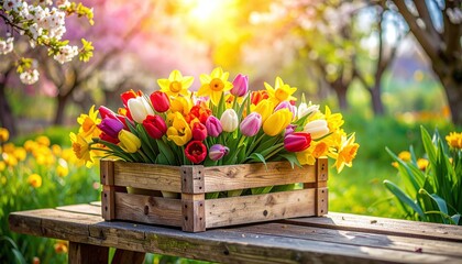Fototapeta premium A rustic wooden crate overflows with vibrant tulips and daffodils under golden sunlight. This serene spring scene captures natures beauty, perfect for floral designs and seasonal marketing.