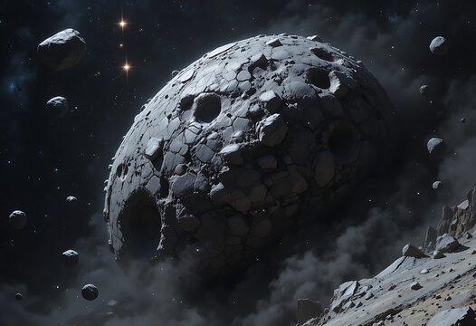 Large cratered moon or planet floating in deep dark space surrounded by many small flying asteroids. astroid belt 