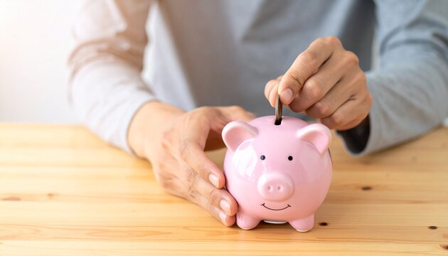 豚の貯金箱・コイン・貯金・節約・首下・顔なし・家計管理・資産形成・貯蓄・金融広告素材／Hands inserting coin into pink piggy bank, face not visible neck down, saving money personal finance household budget advertising stock photo, Japanese savin