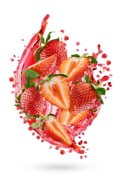 Fresh strawberry juice with cut pulpy red strawberry slices in dynamic splashes soar as flow, isolated. Great for summer fruit detox menu, vitamin product poster, antioxidant beverage, juice label.