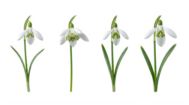 Set of white snowdrop flowers for early spring garden landscaping frontal isolated png on a transparent background perfectly cutout high resolution