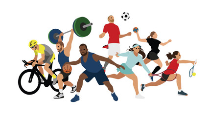 Obraz premium Group of diverse athletes participating in various summer sports and team activities together.