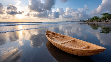 Naklejka premium Sunset view of an orange surfboard on wet sand at the beach with waves in the background and clouds in the sky during golden hour