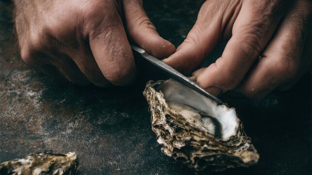 close up hands opening fresh oyster with knife, rough shell texture, tension and precision, cold seafood aesthetic, documentary macro style, steel