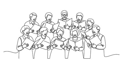 Naklejka premium Continuous one line drawing of a choir group singing together holding music sheets.