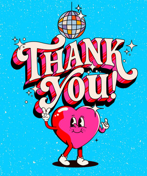 Vibrant Thank You card design featuring a cheerful heart character and disco ball, perfect for expressing gratitude in a fun and lively way for various occasions