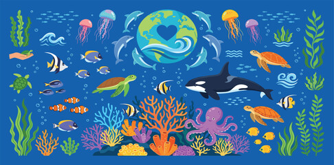 World Oceans Day vector illustration featuring Earth with heart dolphins orca sea turtles octopus and colorful coral reef for marine life conservation and environmental awareness. © MDRIFAT