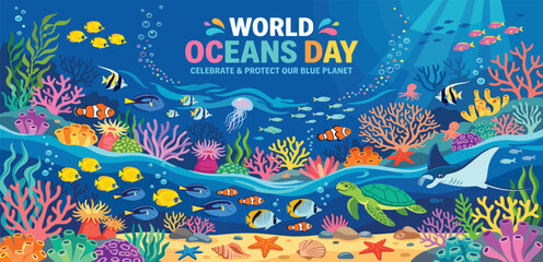 World Oceans Day banner featuring vibrant marine life with sea turtle stingray jellyfish schools of tropical fish and colorful coral reef underwater vector illustration. © MDRIFAT