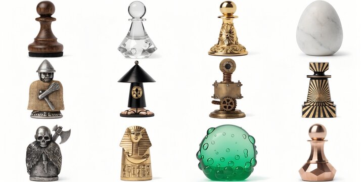 Hobbies Leisure Product Photography Twelve Chess Pawn Piece Collection Grid Wood Crystal Gold Marble Viking Egyptian Slime Various Design And Material Isolated On White Background