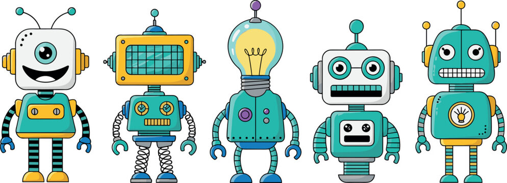 Cute robot characters collection with retro futuristic designs cartoon android mascots colorful technology vector illustration set