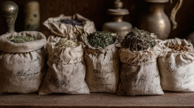 cloth bags filled with dried herbs labeled rustic herbal storage natural textures soft light