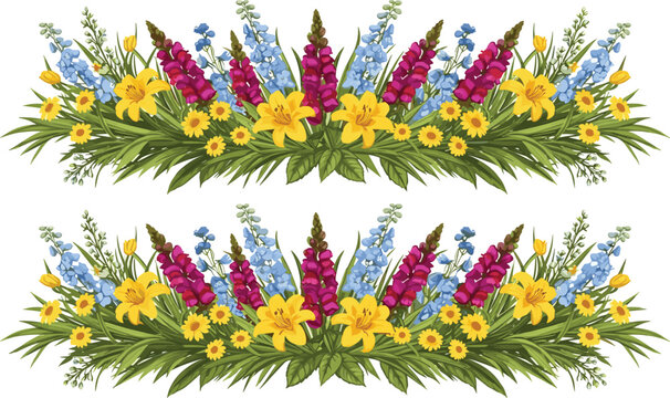 Vibrant wildflower floral border with lilies, daisies, snapdragons and blue blossoms, lush greenery decorative spring garden illustration for design projects
