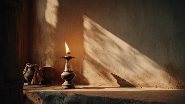 Traditional oil lamp burning on a ledge with sunlight shadows on a rustic wall in India for Kabir Jayanti.