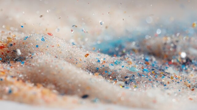 conceptual image of beach sand mixed with microplastic particles, environmental pollution macro abstraction, cold tones