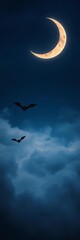 Fototapeta premium Spooky night sky with crescent moon and bats flying amidst clouds of mist, autumn, night