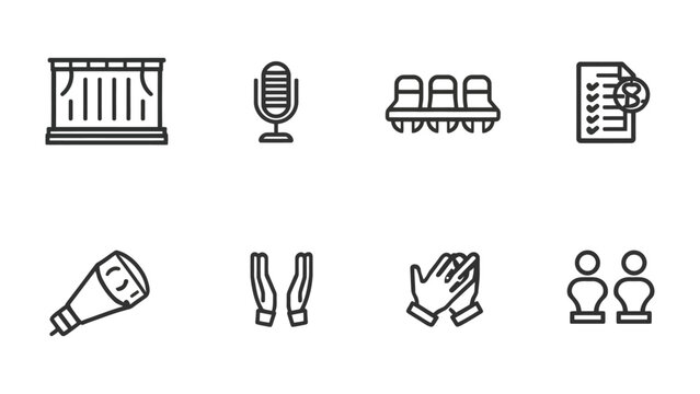 Stage Performance Icons: A collection of meticulously crafted line icons representing the essence of a stage performance, including a stage, microphone, audience seating, scripts, speaker, applause.