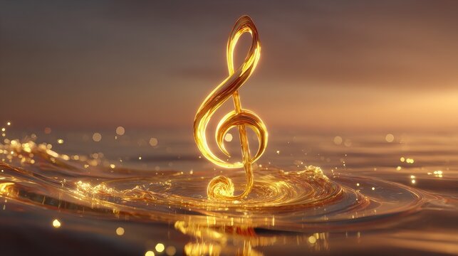 Giant glowing eighth note over calm water, swirling gold energy vortex, floating gold ribbons, orbiting smaller notes, dreamy sunset, luxurious detailed 8K fantasy landscape illustration