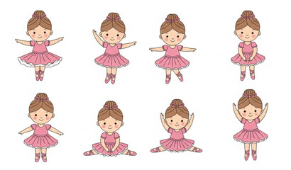Cute baby ballerina doll set with pink ballet dress and dancing poses in flat cartoon style © MstLima