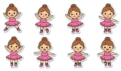 Pink ballerina doll dance circle composition with cute baby girl ballet poses isolated on white © MstLima