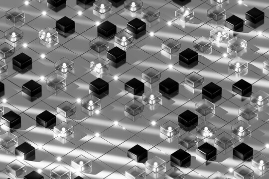 3D chrome glass grid with luminous cubes on metallic tiles