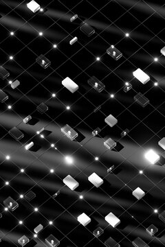 3D dark light grid with floating blocks and glowing points