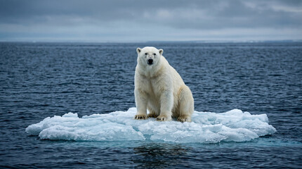 Obraz premium A polar bear sits on a melting ice floe in the Arctic Ocean under a cloudy sky