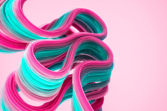 3D candy ribbon wave with pink teal strand on soft blush
