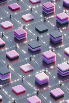 3D pink stack grid with luminous square and glass channel