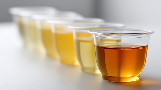 Urine color chart in plastic cups arranged in depth perspective. Light yellow to dark amber liquid gradient. Hydration and dehydration level diagram