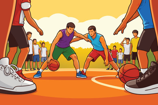 Basketball players competing for the ball during an intense game in a professional stadium.