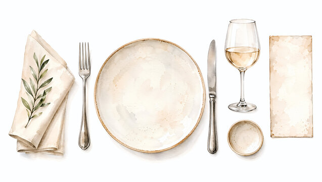 Watercolor table setting clipart with plate, cutlery, and white wine. Restaurant menu illustration isolated on white background