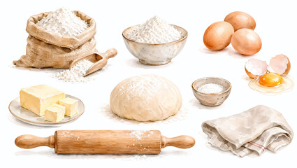 Fototapeta premium Watercolor baking ingredients illustration set. Flour sack, eggs, butter, and dough with a rolling pin. Isolated clipart for homemade recipes on a white background