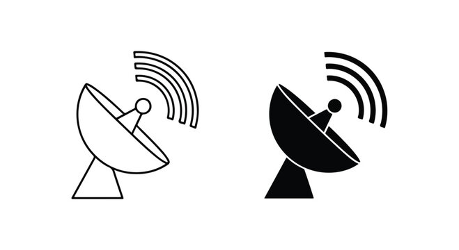 Comparison of Line Art and Solid Black Satellite Dish with Signal Waves for Communication Technology