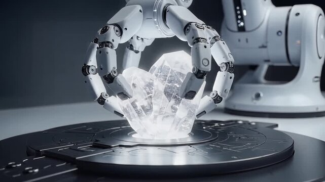 Robotic arm picking up crystal, close up, studio, technology concept