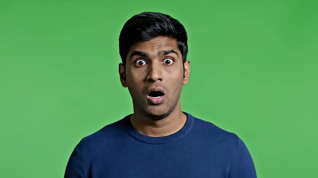 Shocked Young Man with Wide Eyes and Open Mouth on Green Screen Background