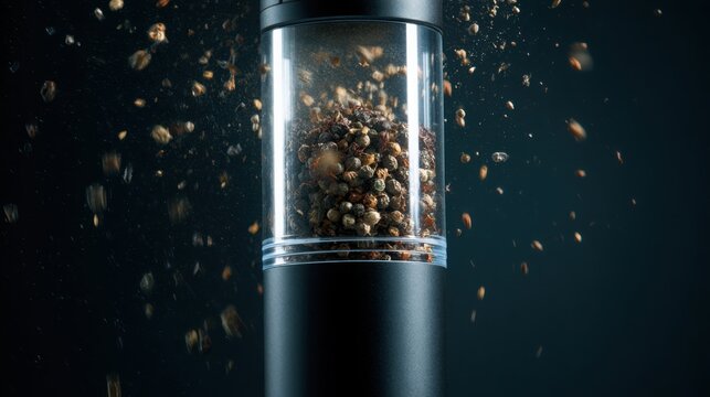 electric pepper grinder with light grinding spices macro particles falling dark background realism