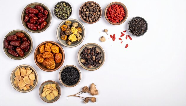 薬膳スープ・クコの実・なつめ・生姜・白背景・真俯瞰・漢方・健康食・薬膳料理素材／Yakuzen herbal soup top view on white background, goji berry jujube ginger medicinal broth, traditional Chinese Japanese health food stock photo, wellness cuisi