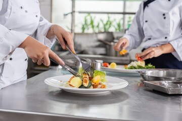 Fototapeta premium Professional chefs plating gourmet dishes in a busy commercial kitchen for restaurant service background and food design