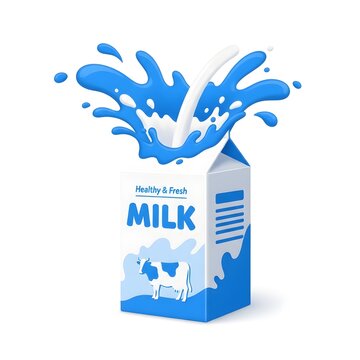 Fresh milk splashing out of a carton, a healthy dairy drink with a cow illustration