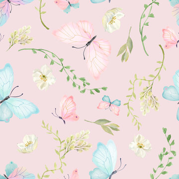 Cute and gentle seamless pattern for girls with pink and blue butterflies, flowers and branches.
